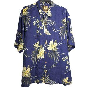 Tommy Bahama Silk Camp Shirt Men Large Blue Floral Hawaiian Tropical Wood Button